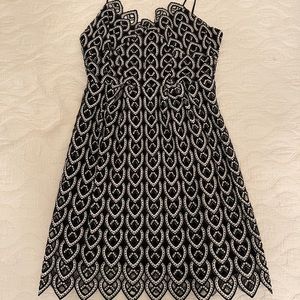 Crimson scalloped embroidered spaghetti strap cocktail dress